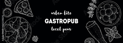 Gastropub menu. Pub food and beer. Hand drawn vector illustration. Food and drink sketch. Top view. Hand drawn food collection for gastropub or pub menu design. Beer,