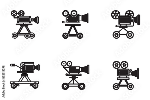 Vintage Movie Camera Icons Set Depicting Film Industry and Retro Cinema Technologies Represented in Silhouette Style Black and White Illustration