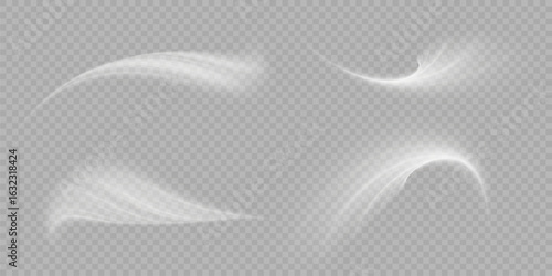 Design element to visualize the flow of air or water. Set of white airflow wave effects. vector png	