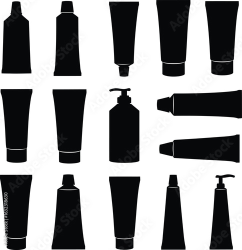 Cosmetic and Pharmaceutical Tube and Bottle Vector Silhouette Set: Diverse Black Icons of Cream, Toothpaste, Ointment, and Lotion Containers with Caps and Pumps for Product Packaging Graphics.