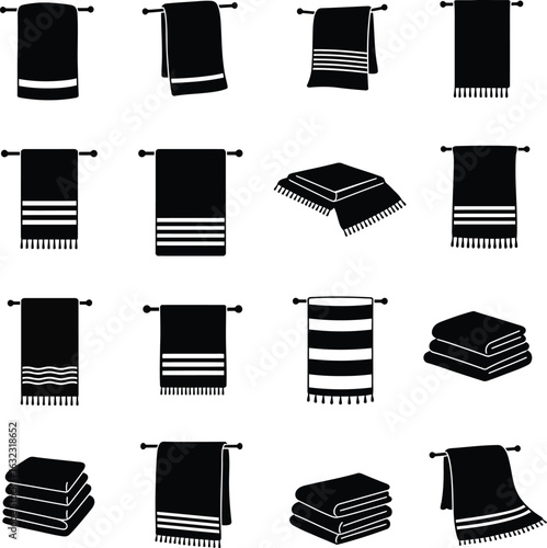Black and White Towel Vector Silhouette Collection: Hanging, Folded, and Stacked Towels for Bathroom and Spa Design.