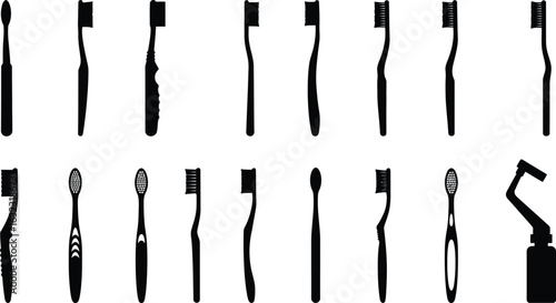 Extensive Toothbrush Vector Silhouette Collection: Diverse Set of Dental Hygiene Tool Icons, Featuring Manual, Electric, and Interdental Brush Styles for Healthcare and Oral Care Graphics.