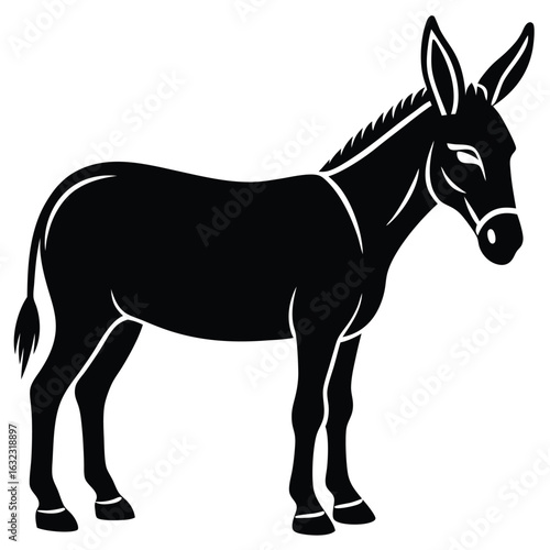 Black silhouette of a donkey standing sideways on a white background animal mammal