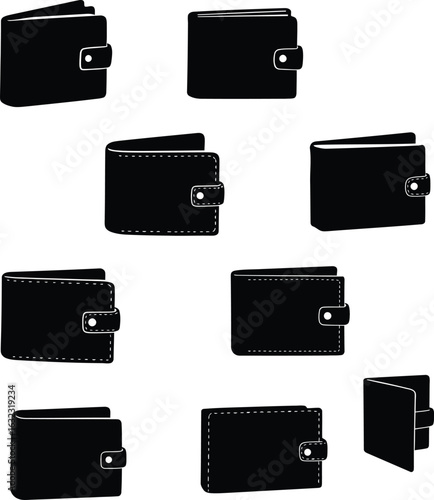 Collection of Black Men's Wallet Vector Silhouettes: Diverse Icon Set Showing Leather Bi-fold and Tri-fold Wallets with Snaps, Representing Finance, Shopping, E-commerce, and Personal Accessory.