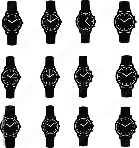Complete Analog Wristwatch Black Silhouette Vector Icon Set: Collection of Various Timepiece Styles, Including Minimalist, Classic, and Chronograph Designs for Fashion, Accessory.