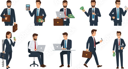 Collection of diverse cartoon business people in various poses and with different accessories