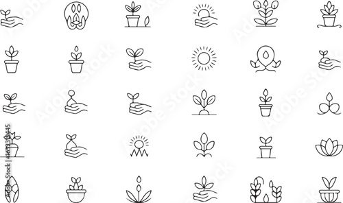 Collection of linear icons showcasing growth plants and hands in vector format ideal for ecological and sustainable themes