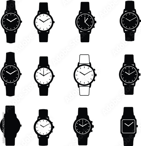 Classic Analog Wristwatches Vector Collection: Diverse Black and White Icons of Timepieces, Including Chronograph and Minimalist Designs for E-commerce, Fashion, and Accessory Graphics.