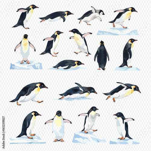 A collection of watercolor illustrations showing penguins in various dynamic poses like standing, walking, and sliding.
