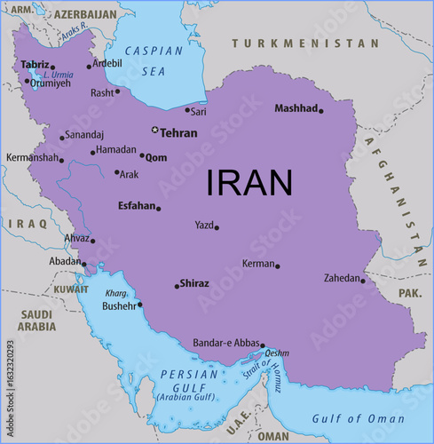 Vector political, physical, geographical
world map. Fragment of asia region with 
iran, kuwait, persian gulf, oman gulf,
turkmenistan, afghanistan, tehran,
mashhad, shiraz, esfahan, tabriz, qom.
