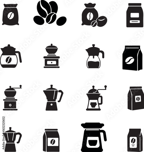 Coffee beans bags grinders and pots collection vector