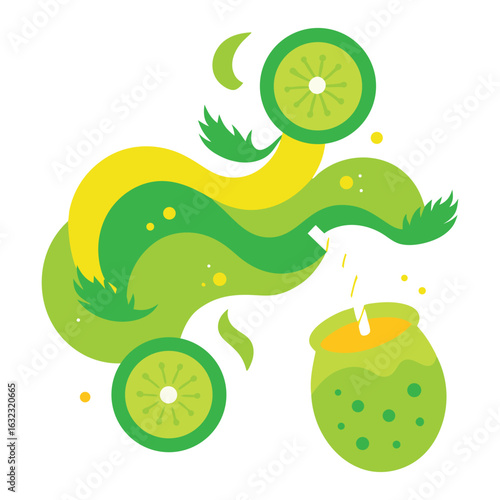 Vector art of a glass of green juice with a straw surrounded by abstract shapes and kiwi slices