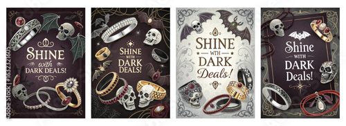 Set of four posters featuring gothic jewelry with skulls rings and intricate designs