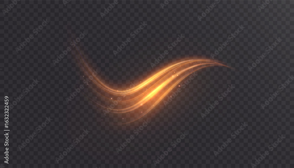 Obraz premium Bright, bright gold, glowing curved line with magic light effect. Glow effect for game interface design on transparent background.