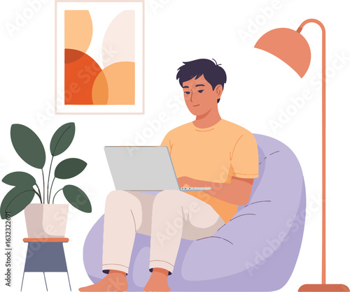 Home Office Illustration of Asian Hipster on Bean Bag with Laptop – Transparent Background

