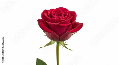 A vibrant, fully bloomed red rose, showcasing its delicate petals and green stem against a white backdrop.