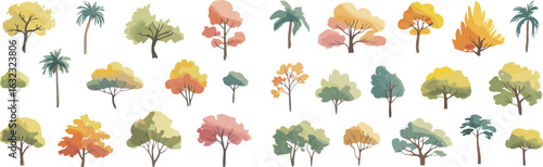 Colorful tree vector illustration set, seasonal foliage design collection, tropical and deciduous plants, artistic nature clipart, vibrant landscape trees, eco-friendly decorative plant graphics pack