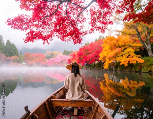man on the boat, rowing alone in autumn mist, scenic lake with fall foliage