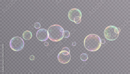 Realistic soap bubbles with soft rainbow glow on transparent background. Suitable for photo overlays, bathroom design, children's advertising, advertising of freshness and cleaning products.