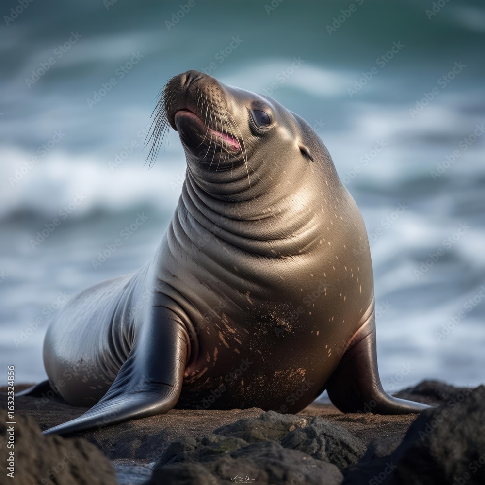 Obraz premium Sea Lion resting on rocks by ocean