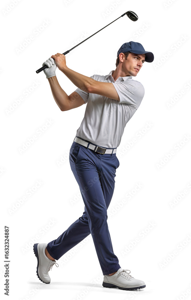 Fototapeta premium Male golfer in mid-swing action with his golf club on isolated background