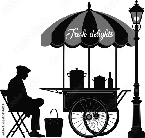 Street food cart silhouette, vintage vendor stand, man sitting chair, lamp post, retro market stall vector illustration design