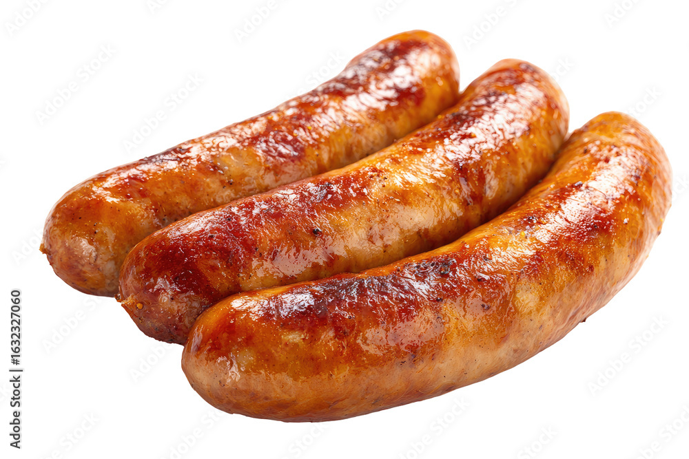 Three golden-brown cooked sausages Three golden-brown cooked sausages