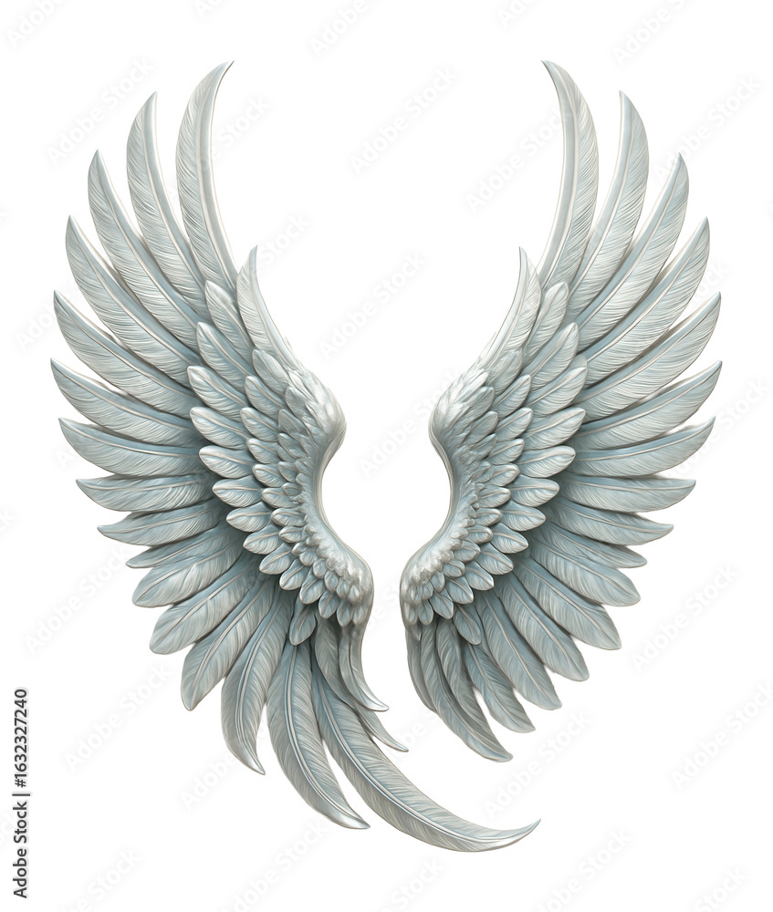 Fototapeta premium Realistic pair of intricately detailed silver angel wings with layered feathers facing each other on transparent background.