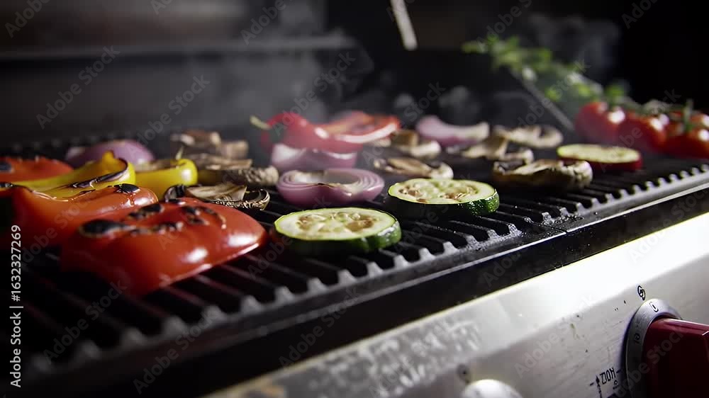 Grilled Vegetables with Red Peppers and Zucchinis on Stainless Steel Bbq with Rising Steam on Dark Backdrop Grilled Vegetables with Red Peppers and Zucchinis on Stainless Steel Bbq with Rising Steam on Dark Backdrop