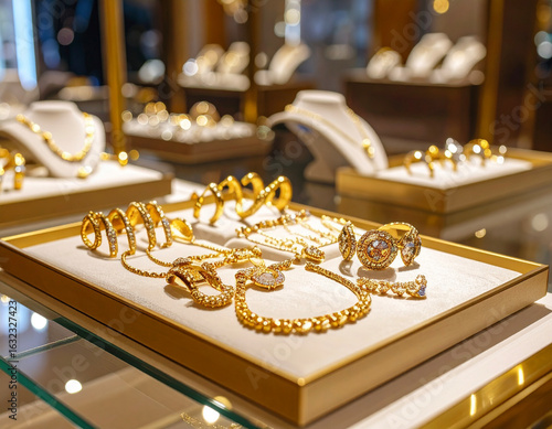 高級ジュエリー店に並ぶゴールドアクセサリー