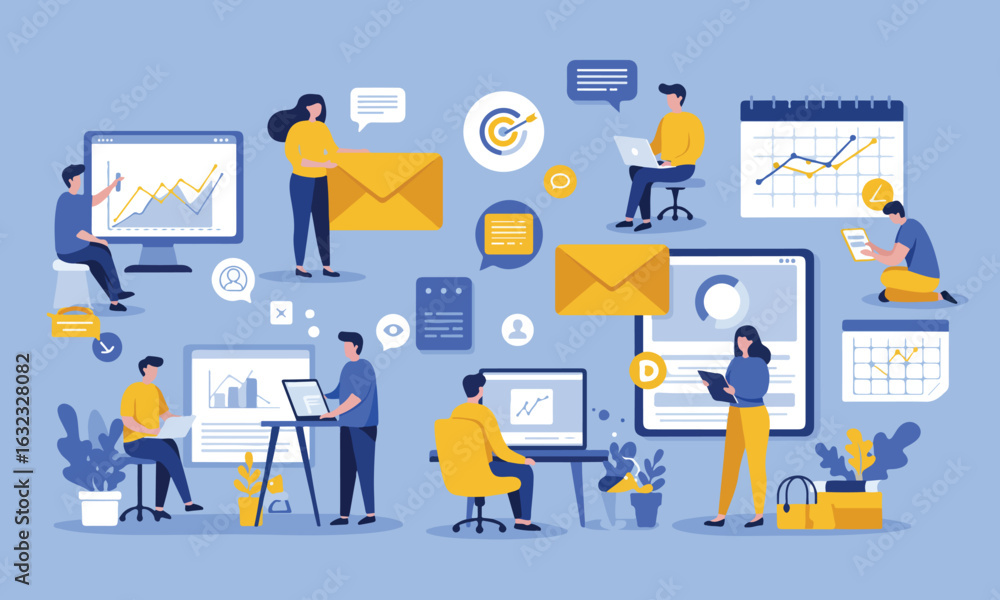 Illustration Of Team Discussing Marketing Strategy With Charts And Devices Suitable For Marketing Presentations Illustration Of Team Discussing Marketing Strategy With Charts And Devices Suitable For Marketing Presentations