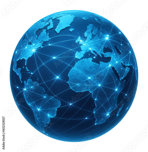 Blue digital globe with illuminated lines and nodes representing global communication and connectivity on transparent background.