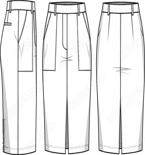 Women's Midi Skirt Technical Drawing, Front View, Side View, Back View, Fashion Design Template, Sewing Pattern, Apparel Illustration, Garment Sketch