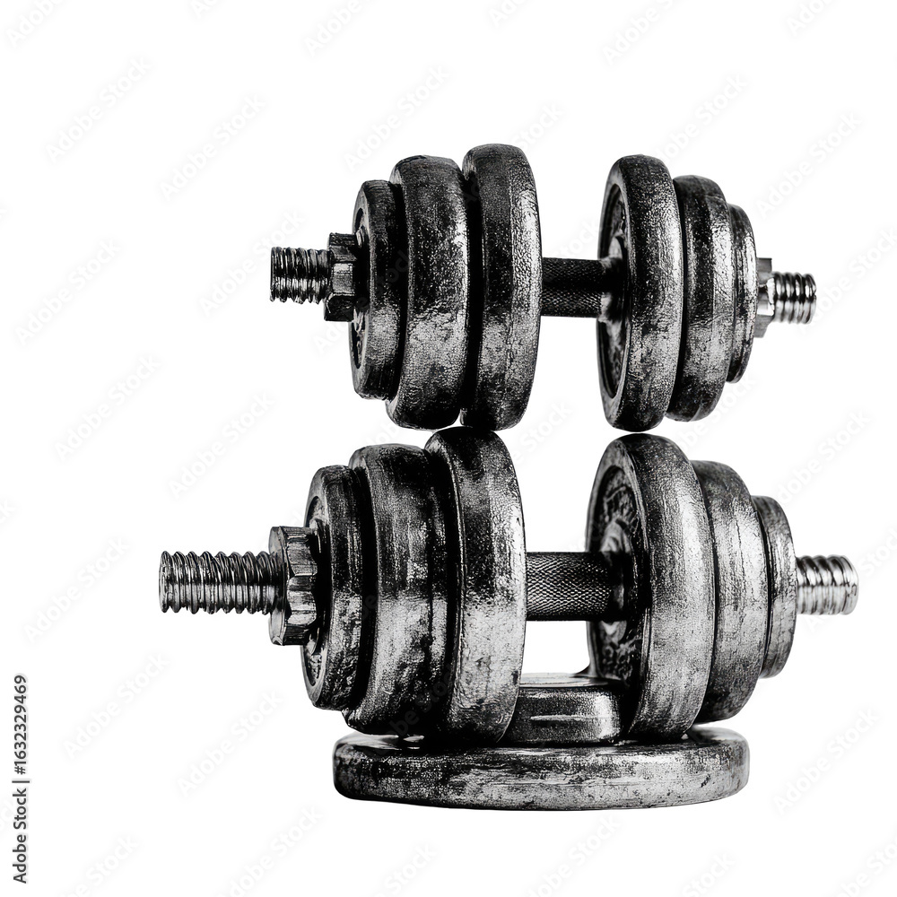 Fototapeta premium Stacked metal dumbbells, dark monochrome