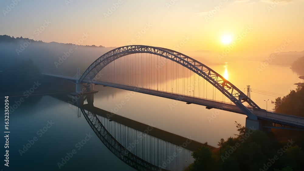 Obraz premium Arch bridge reflecting in calm water during a misty sunrise