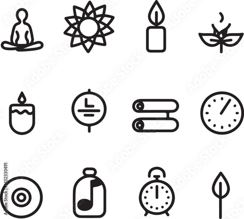 Set of black outline icons representing meditation and wellness concept in modern style with candle clock and incense