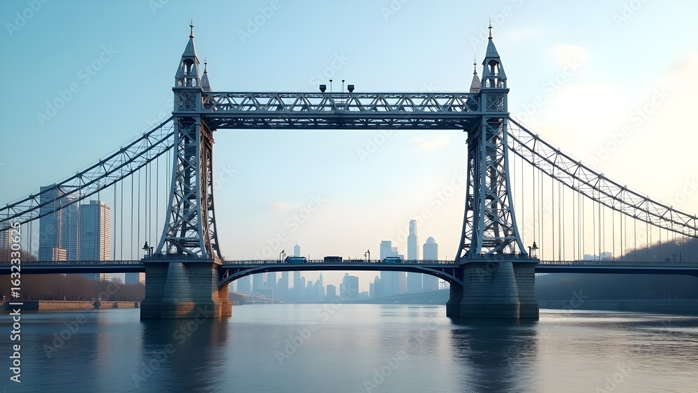Obraz premium Historic suspension bridge over a river with a distant city skyline