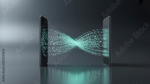 Digital Data Transfer: Two smartphones connect in a dynamic display, with digital data gracefully flowing between them, illustrating the power of connectivity in the technological world.