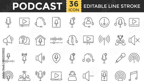 Podcast Line Icon Set. Pixel Perfect and Outline Editable Stroke Icons for Broadcasting, Studio, Microphone, Conversation, Podcaster, Audiobook, and Sound