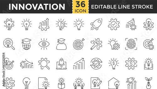 Innovation Line Icon Set. Pixel Perfect and Outline Editable Stroke Icons collection for Creativity, Invention, Prototype, Design Thinking, Brainstorming, Visionary Ideas, and Revolution