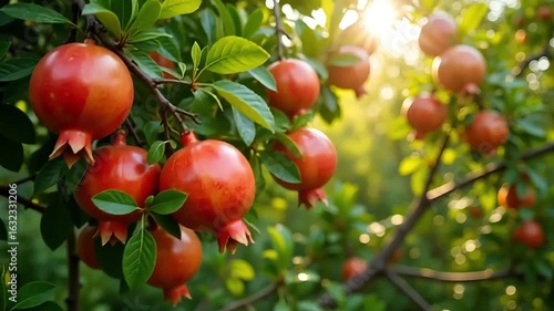 Sunlit pomegranates growing on tree branches ready for harvest in a vibrant garden