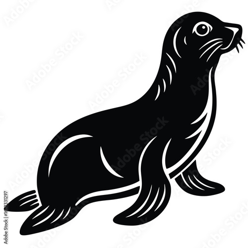 Black Silhouette Seal with Stylized Fur Pattern on White Background sea lion animal