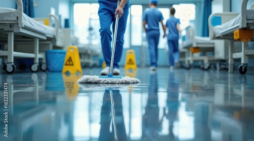 Healthcare worker mops a wet floor in a hospital hallway with caution signs