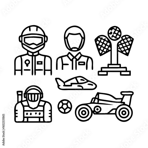 Formula 1 Racing Icons Set - Motorsport Line Art Collection with F1 Car, Helmet, Trophy, Checkered Flag, Tire, DRS Wing, Racing Suit Vector Outline Symbols for UI Design See Less