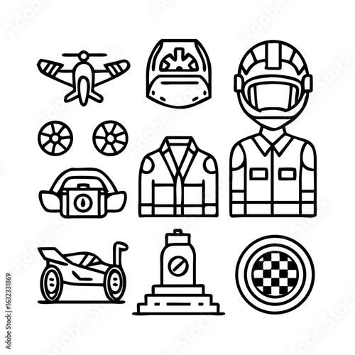 Formula 1 Racing Icons Set - Motorsport Line Art Collection with F1 Car, Helmet, Trophy, Checkered Flag, Tire, DRS Wing, Racing Suit Vector Outline Symbols for UI Design See Less