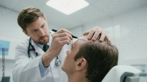 Doctor marking hairline for hair transplant surgery on patient scalp