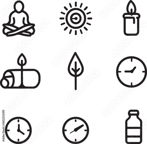 Wellness and Self Care Outline Icons Meditating Sun Candle Leaf Clock and Bottle Set
