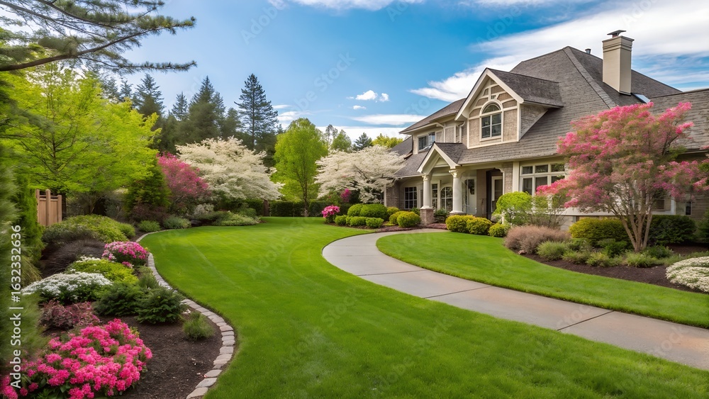 Obraz premium Luxurious modern house nestled in a lush forest, showcasing large windows, spacious deck, and stone accents.