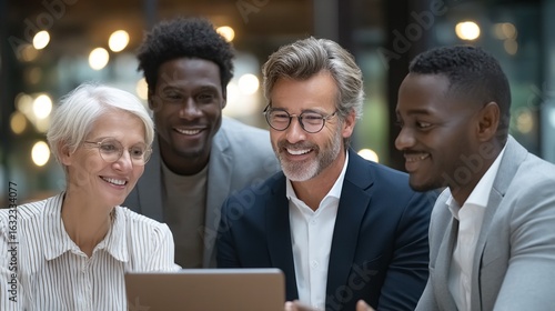 Multi-generational workplace collaboration, Gen Z and Baby Boomers working together on tablet, diverse ages sharing knowledge
