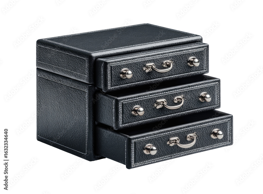Fototapeta premium Small, dark gray leather jewelry box with three drawers. Detailed stitching and decorative pulls. Compact and elegant
